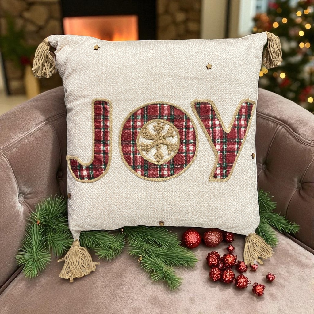COJIN NAVIDEÑO JOY CUADROS TUFTING SUBLIMADO, 45X45 CM