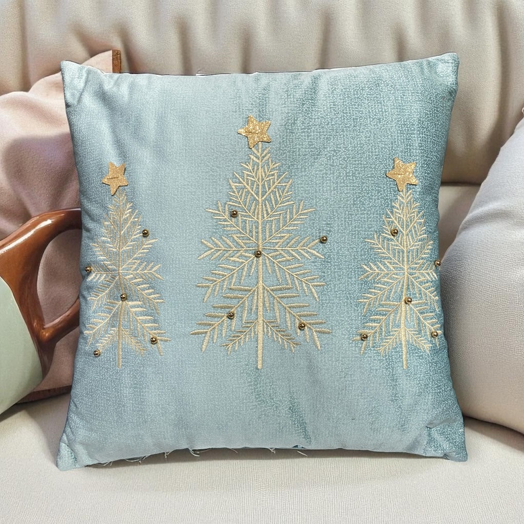 COJIN NAVIDEÑO ARBOLES BORDADOS ESTRELLA Y PERLAS, TURQUESA/BEIGE, 45X45 CM