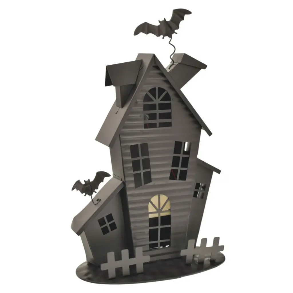 CASA HALLOWEEN NEGRA METALICA CON LUZ LED, REF:TGA80079. 23X12X35CM