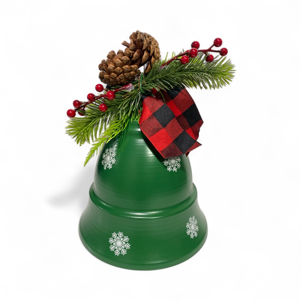 CAMPANA NAVIDEÑA METLICA VERDE C/PIÑA 18X25CM