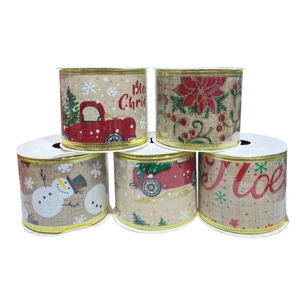 CINTA NAVIDEÑA YUTE ESTAMPADO 5YRDS.