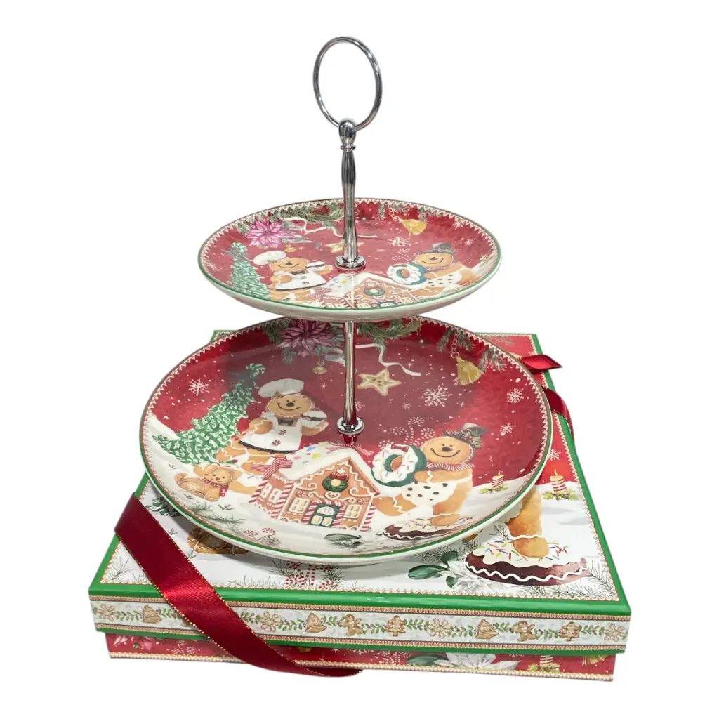 PORTA BOCADITOS NAVIDEÑO JENGIBRE 2PISOS CERAMICA  23X23CM