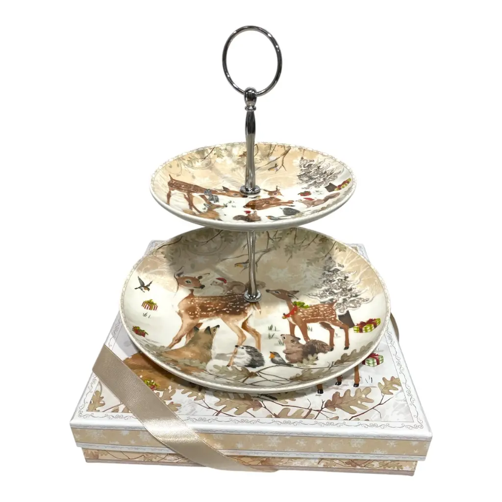 PORTA BOCADITOS NAVIDEÑO RENOS 2PISOS PORCELANA  23X23CM