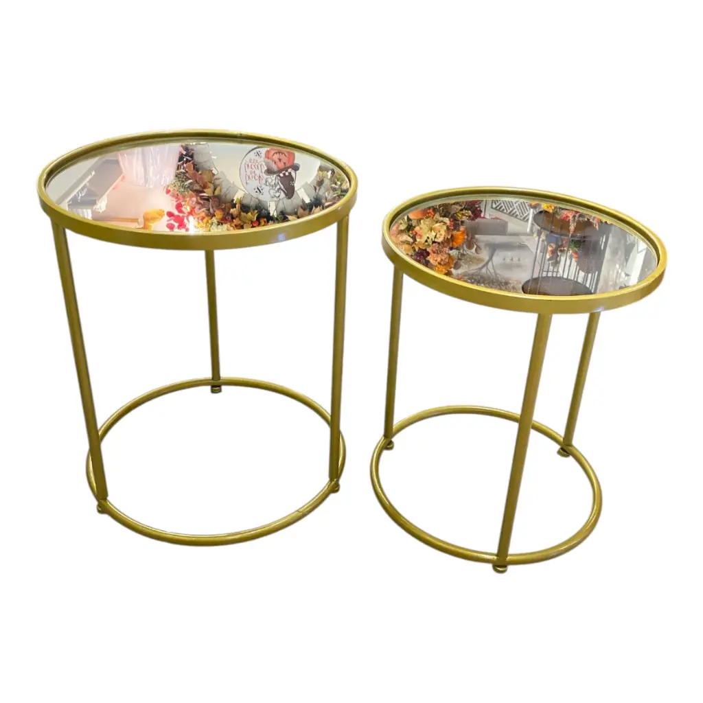 MESA METALICA REDONDA DORADA SETX2 PZ. BASE DE ESPEJO. 42X49CM Y 37X43.5CM