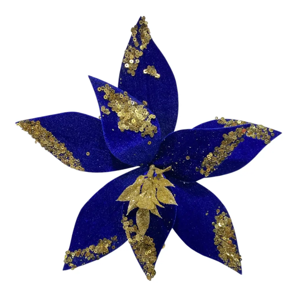 FLOR NAVIDEÑA AZUL/DORADO TELA GAMUZADA 24CM