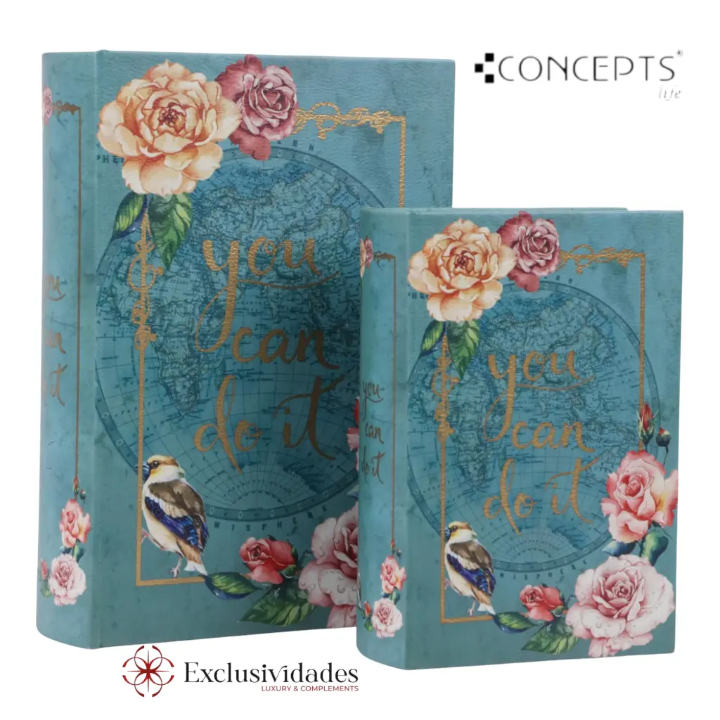 CAJA DE LIBROS TURQUESA/FLORES "YOU CAN DO IT" 2PZ. 19X7X27CM