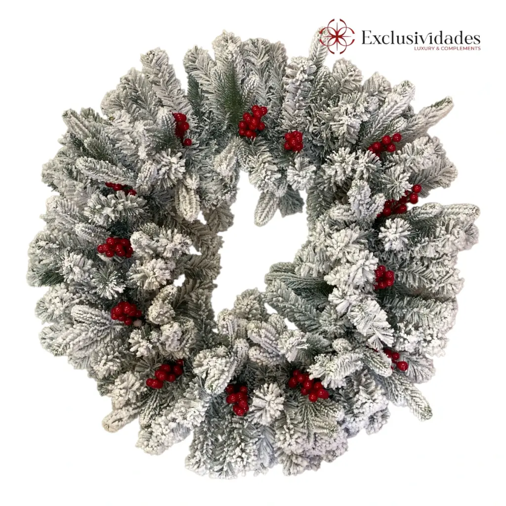 CORONA NAVIDEÑA 75CM NEVADA DOBLE RAMA FRUTOS ROJOS, ESTRUCTURA DE HIERRO 1400