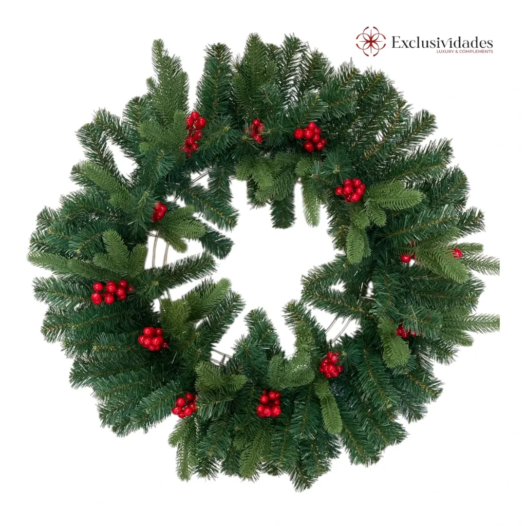 CORONA NAVIDEÑA 75CM VERDE DOBLE RAMA FRUTOS ROJOS, ESTRUCTURA DE HIERRO 000