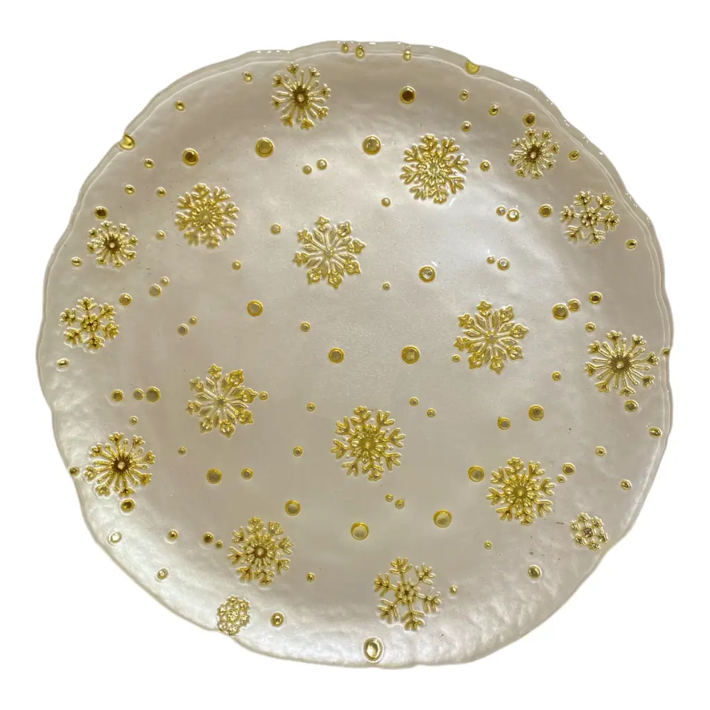 PLATO BASE DE VIDRIO 33CM BEIGE CON COPOS DORADOS