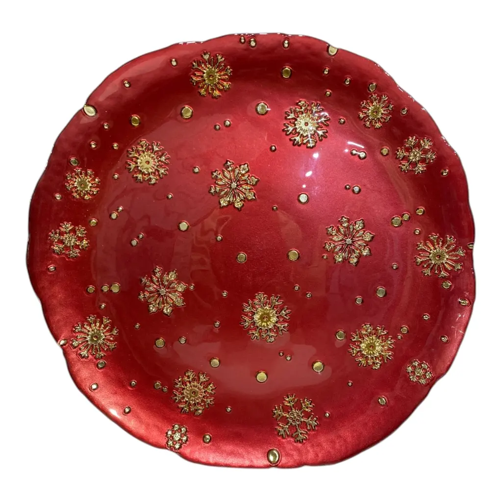 PLATO BASE DE VIDRIO 33CM ROJO CON COPOS DORADOS 