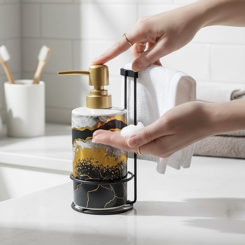 DISPENSADOR DE JABON CON BASE Y TOALLA 8X14CM - 2 MODELOS