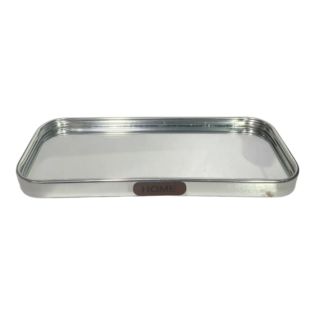 BANDEJA DE ALUMINIO PLATEADA CON BASE DE ESPEJO 10X23CM