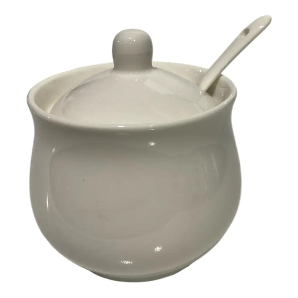 AZUCARERA DE PORCELANA BLANCA CON TAPA Y CUCHARA 9X9CM