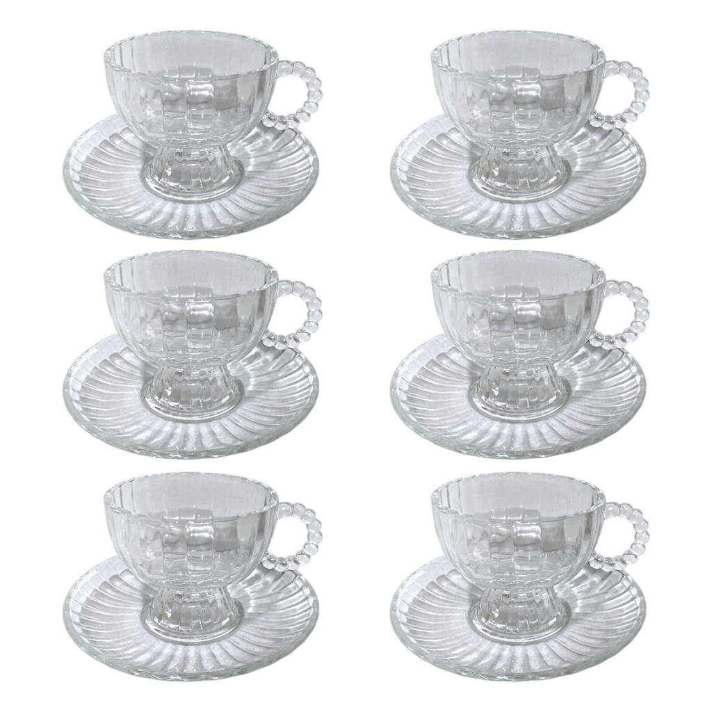 SET DE 6 TAZAS CON PLATO VIDRIO TRANSPARENTE 12PZS. 210ML