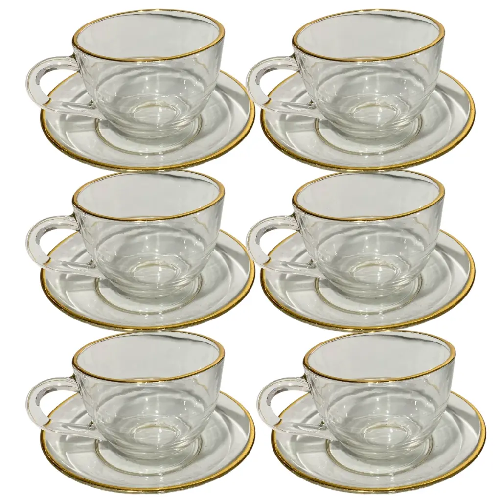 SET DE TAZA Y PLATO DE VIDRIO FILO DORADO 12PZS. 230ML