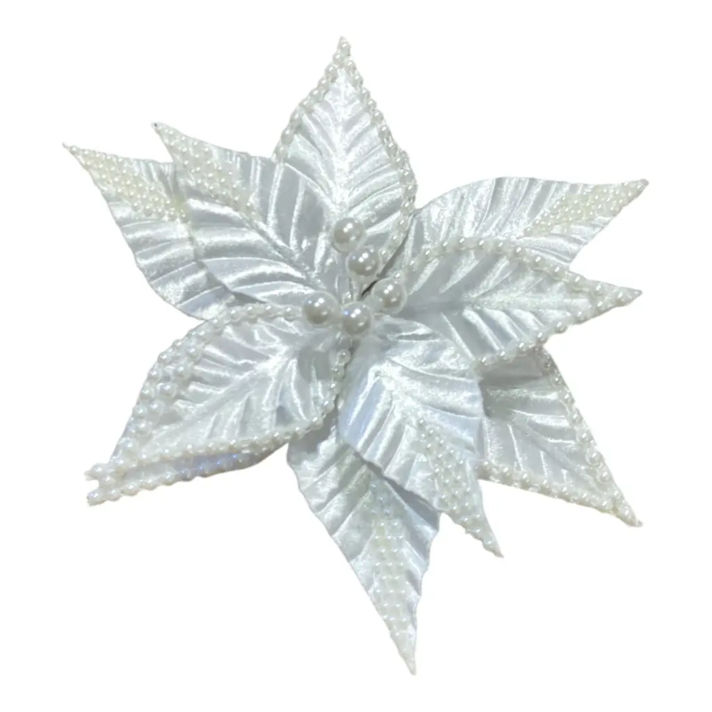 FLOR NAVIDEÑA BLANCA CON PERLAS TELA SATINADA 28CM  