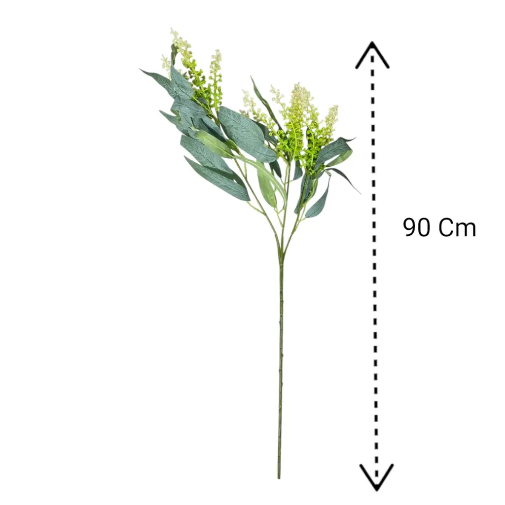 RAMA ARTIFICIAL HOJAS DE EUCALIPTO CON INFLORESCENCIA VERDE 90CM