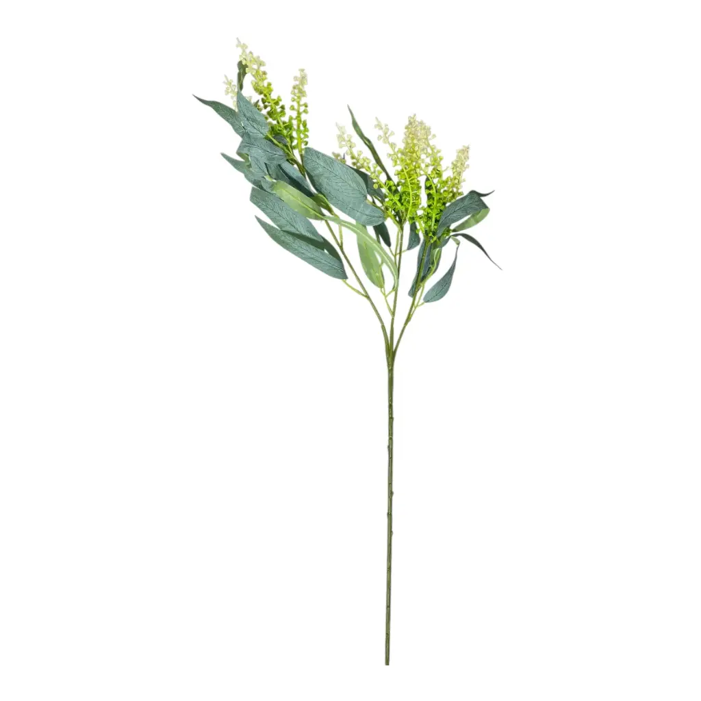 RAMA ARTIFICIAL HOJAS DE EUCALIPTO CON INFLORESCENCIA VERDE 90CM