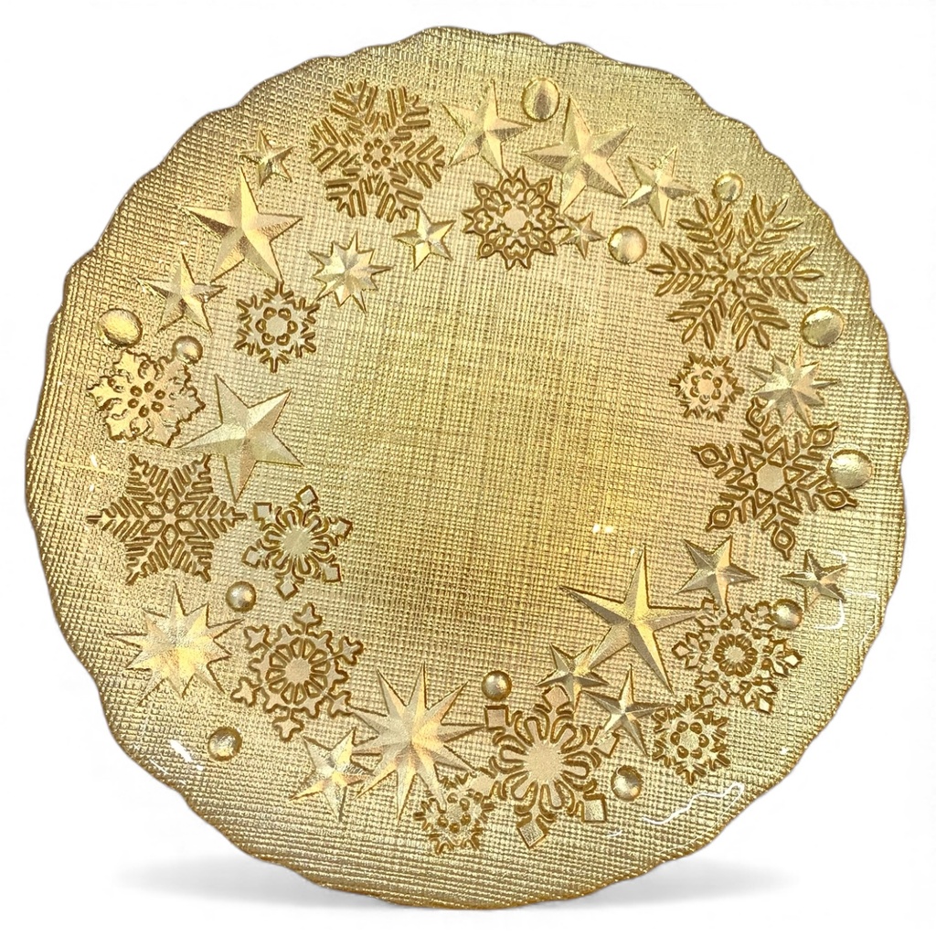 PLATO BASE DE CRISTAL DORADO ESTRELLAS Y COPOS 31CM
