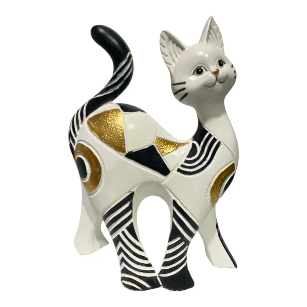 GATO DECOR POLIRESINA BLANCO/NEGRO DORADO 15X6X23CM