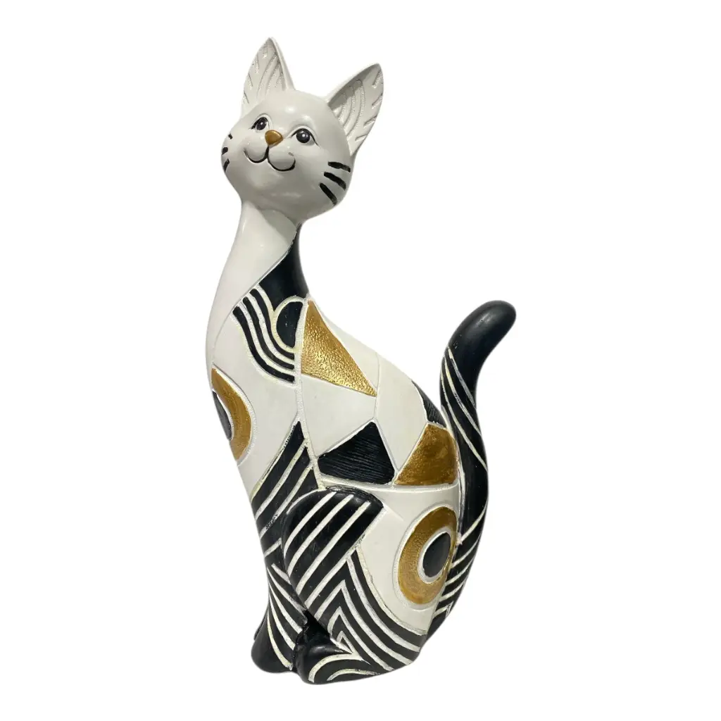 GATO DECOR POLIRESINA BLANCO/NEGRO DORADO 11X6X24CM
