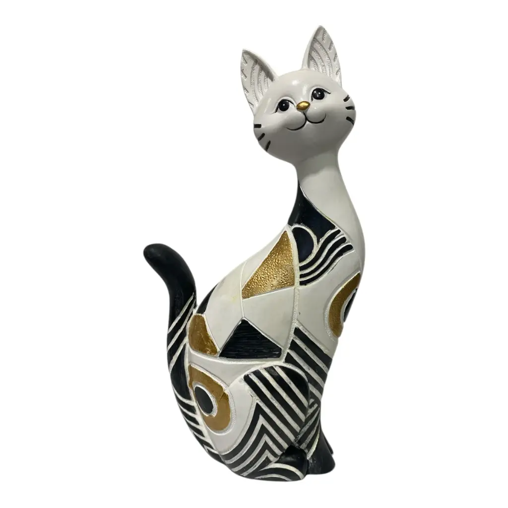 GATO DECOR POLIRESINA BLANCO/NEGRO DORADO 15X7X30CM