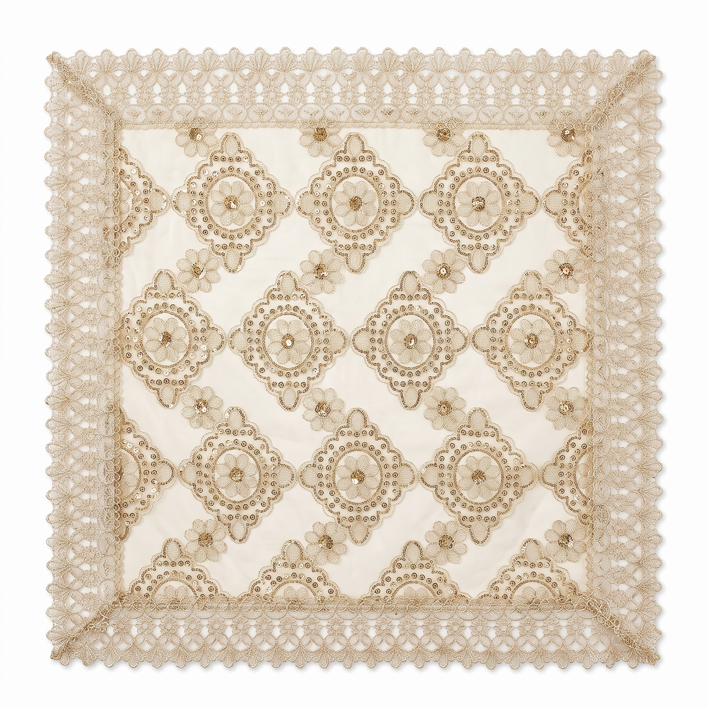 Mantel cuadrado dorado, flores con lentejuelas, 85x85cm.