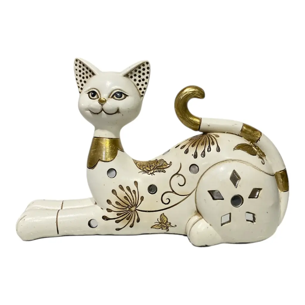 GATO BEIGE/DORADO POLIRESINA 20X7X13.5CM