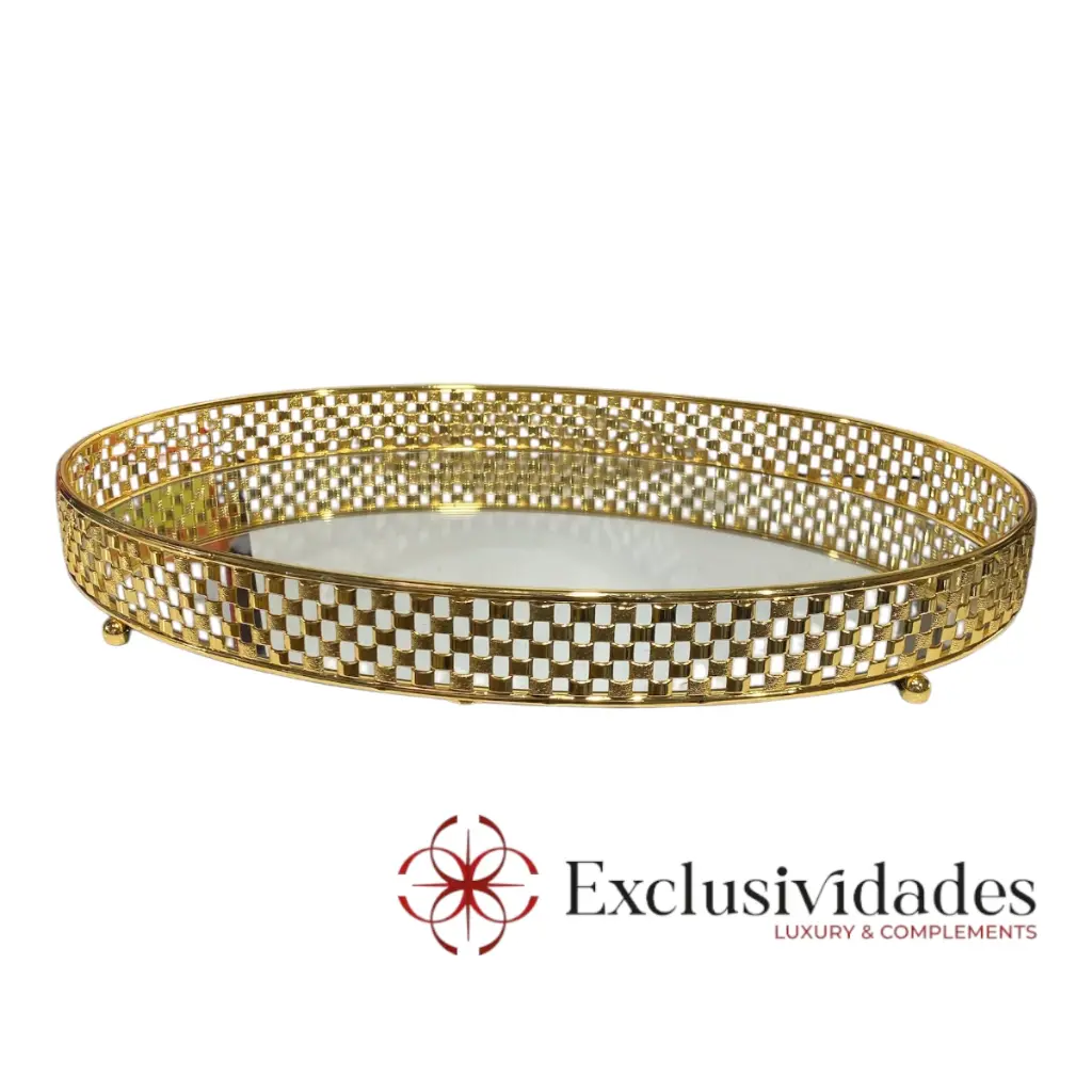 BANDEJA DORADA METALICA CROMADA CON BASE DE ESPEJO, 40X28.5X6CM