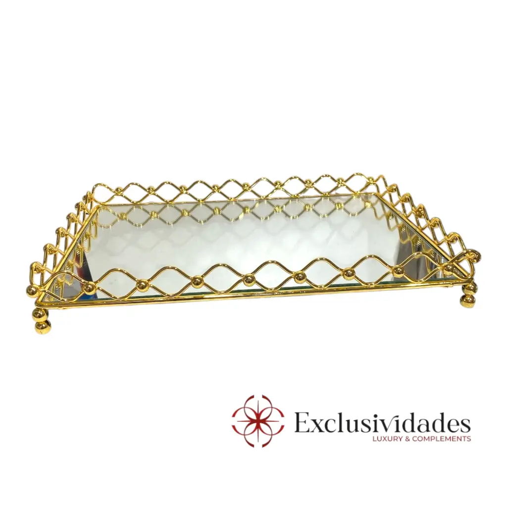 BANDEJA DORADA METALICA CROMADA CON BASE DE ESPEJO, 35X25X5CM