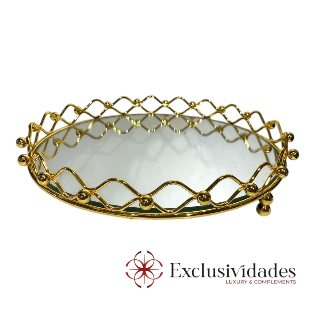 BANDEJA DORADA METALICA CROMADA CON BASE DE ESPEJO, 30X5CM