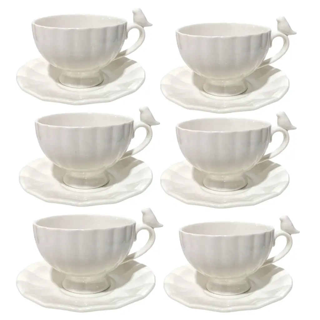 SET DE 6 TAZAS CON PLATO PORCELANA DISEÑO PAJARITO EN MANGO 190ML