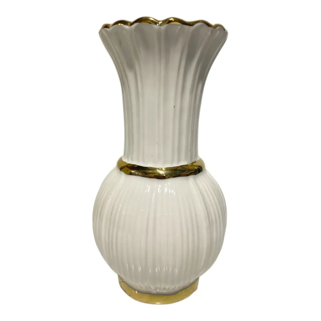 FLORERO DE PORCELANA BLANCO FILO DORADO 10X10X20CM