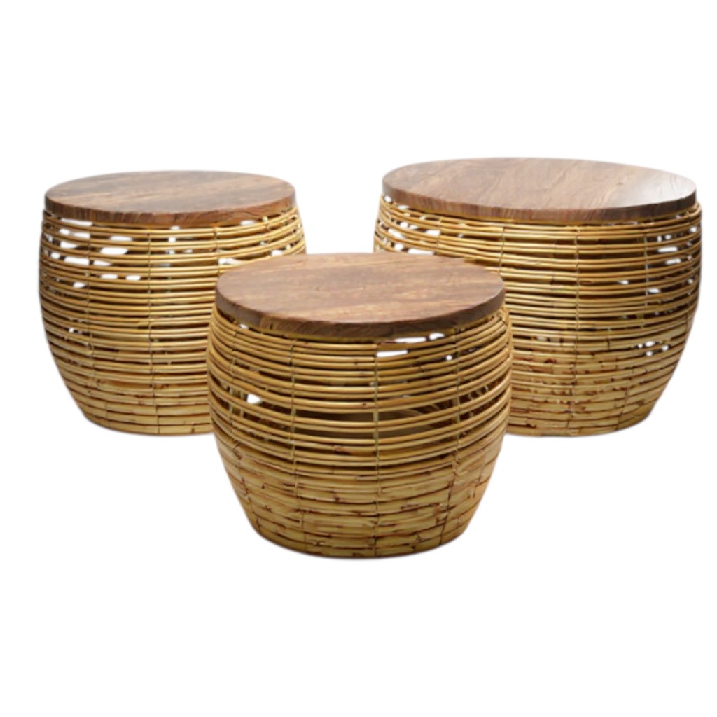 SET DE 3 MESAS TEJIDO NATURAL CON TAPA MADERA Y ESTRUCTURA DE HIERRO REF:PT151-032 30X30.5CM, 36X35CM, 46X38CM