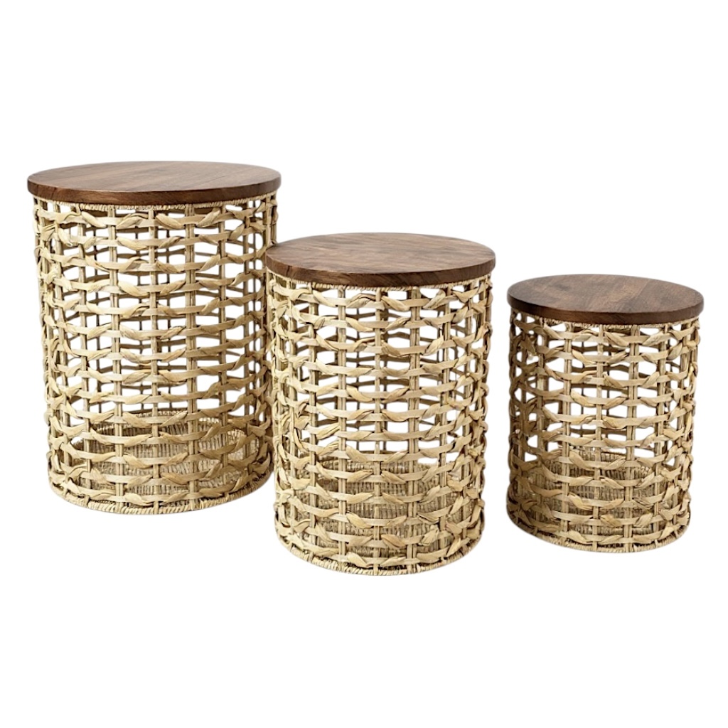 SET DE 3 MESAS TEJIDO NATURAL CON TAPA MADERA Y ESTRUCTURA DE HIERRO REF:PT151-029 30X39CM, 35X44CM, 40X48CM 