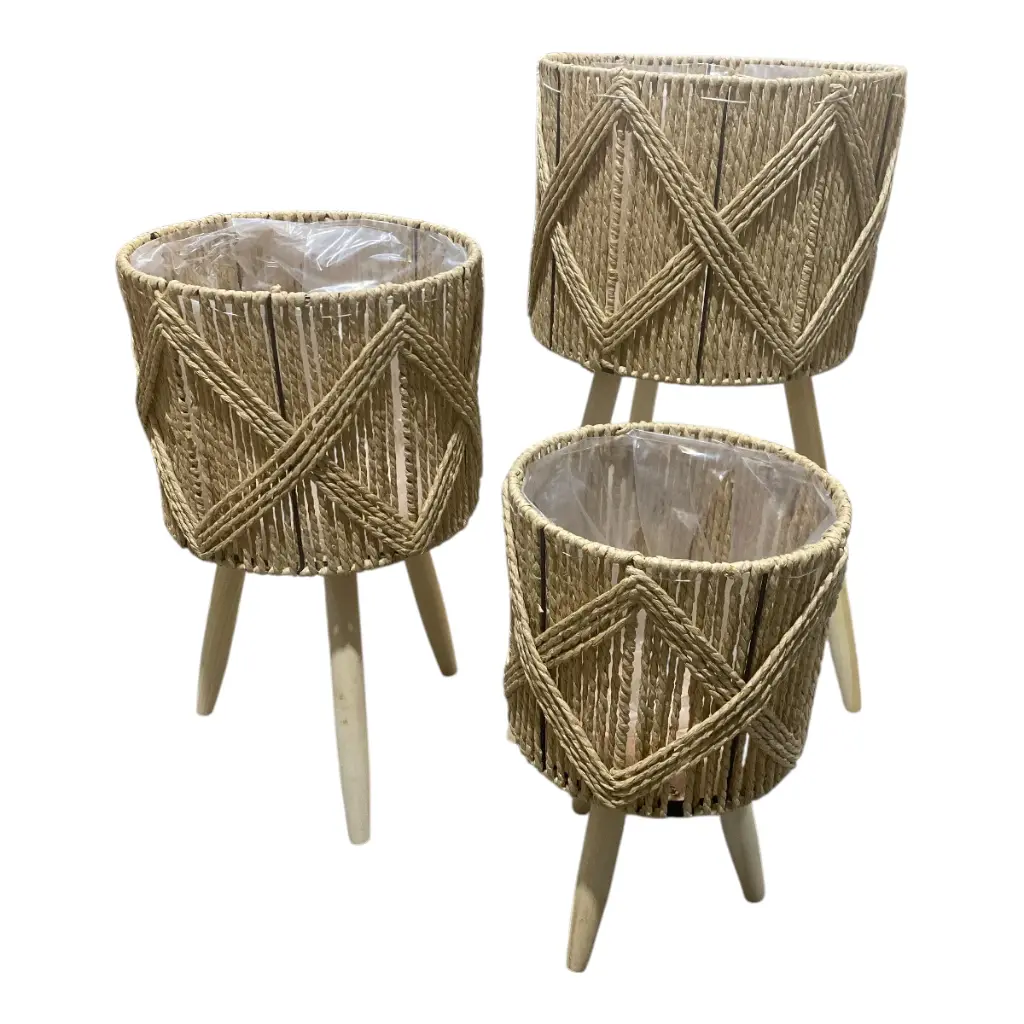 MACETEROS TEJIDO NATURAL MADERA/HIERRO SETX3. 29X57, 26X45, 22X35CM