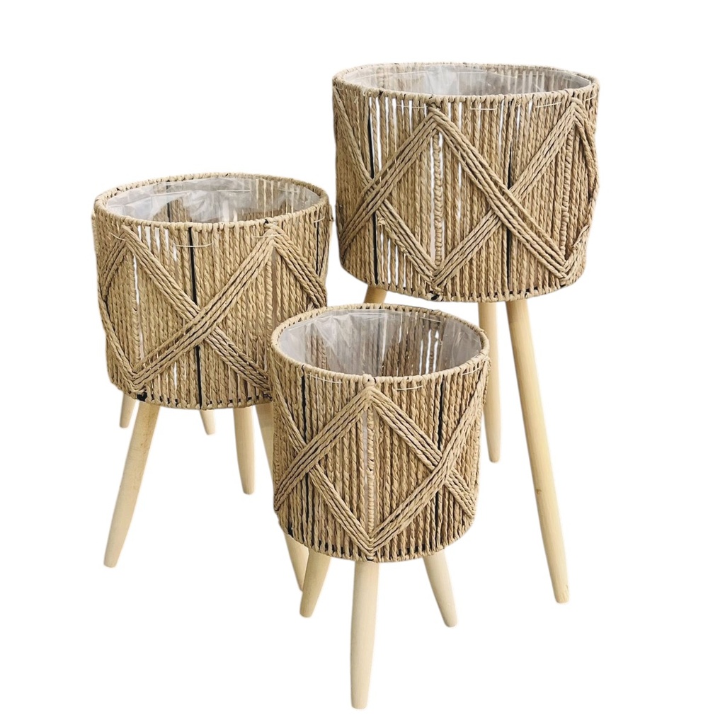 MACETEROS TEJIDO NATURAL MADERA/HIERRO SETX3. 29X57, 26X45, 22X35CM