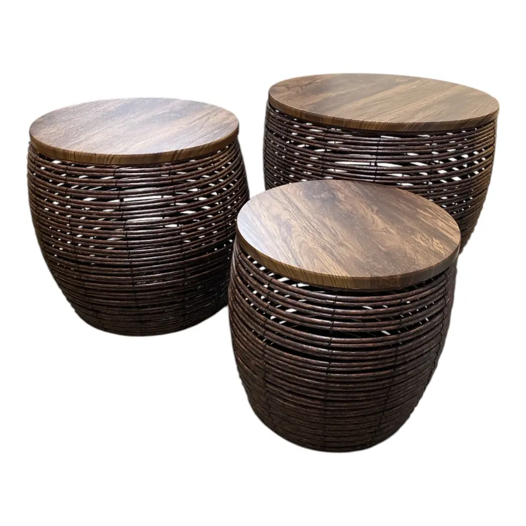 MESAS CAFE REDONDA TEJIDO NATURAL SETX3, PT151-031. 30X30CM, 35X35CM, 45X38CM