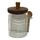 ENVASE DE VIDRIO MEDIANO CON TAPA DE MADERA Y CUCHARA Ø9X16CM
