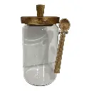 ENVASE DE VIDRIO GRANDE CON TAPA DE MADERA Y CUCHARA Ø9X18CM  