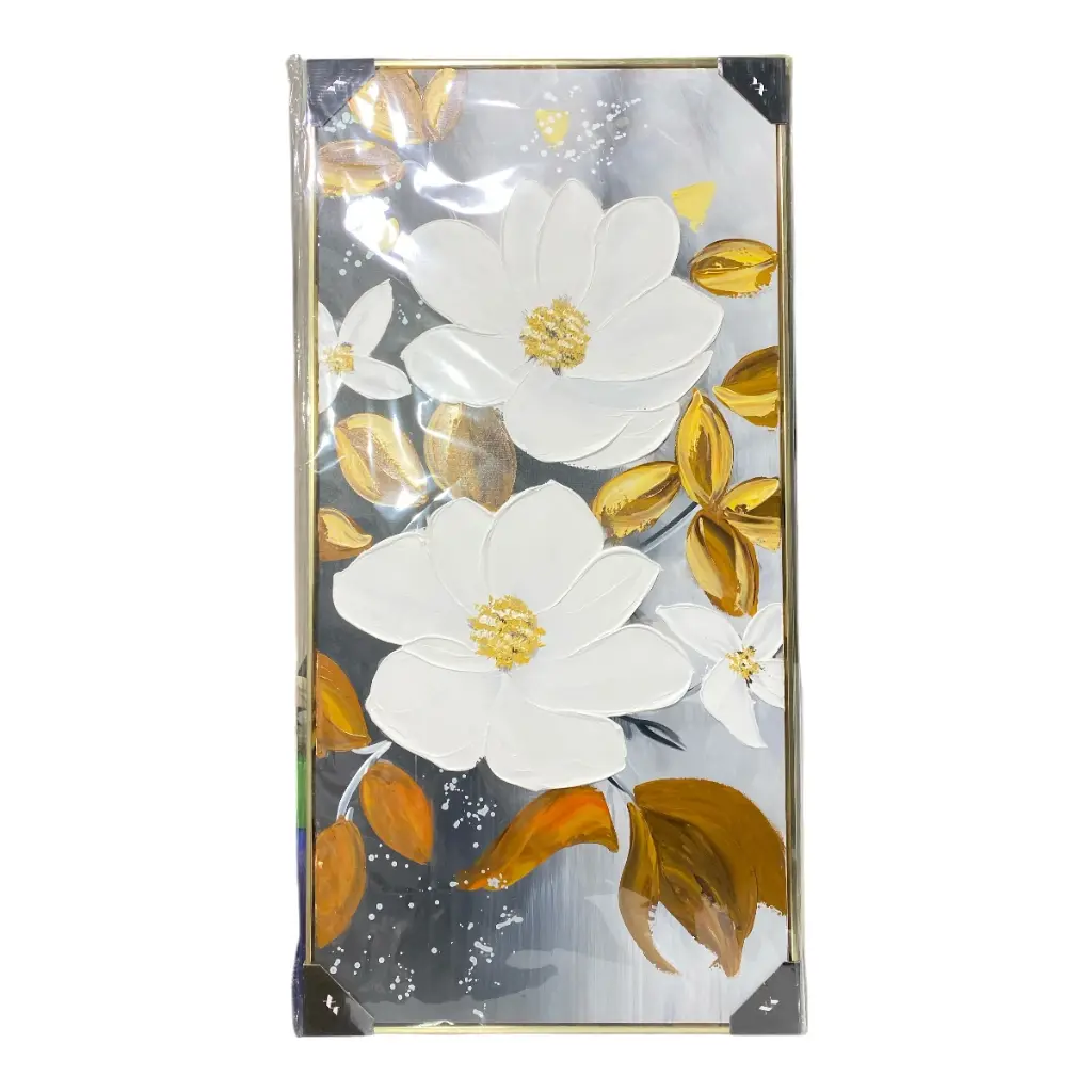 CUADRO LIENZO 2 FLORES BLANCAS HOJAS AMARI 60X120CM