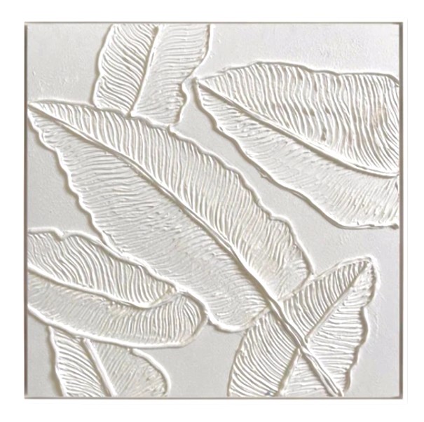 CUADRO LIENZO OLEO HOJAS BLANCAS MARCO CHAMPAGNE 80X80CM 