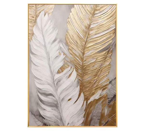 CUADRO AL OLEO PLUMA DORADA/BLANCA CON MARCO DORADO 60X90CM 