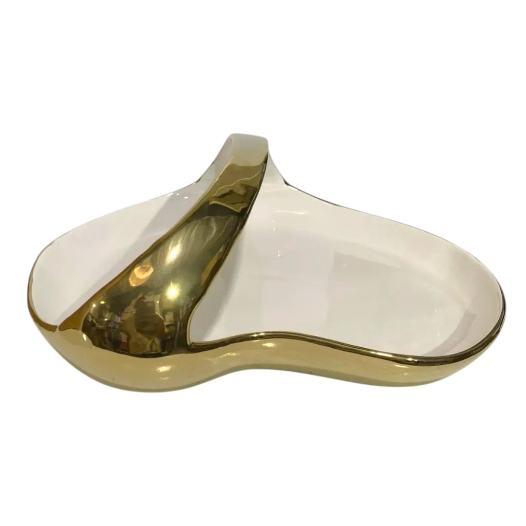 BANDEJA CENTRO DE MESA DORADA/BLANCO, PORCELANA 34X29X12CM