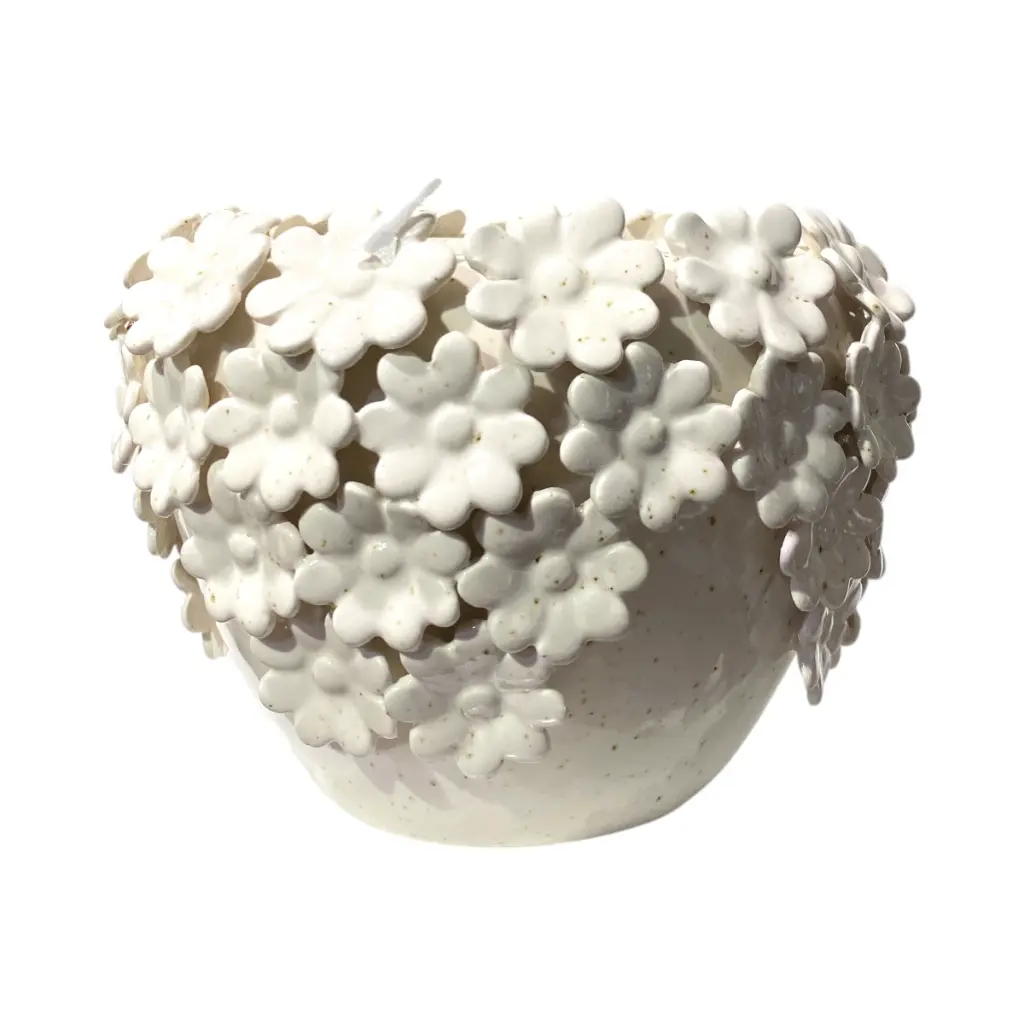 FLORERO DECORADO CON FLORES DE PORCELANA, Ø18X13CM