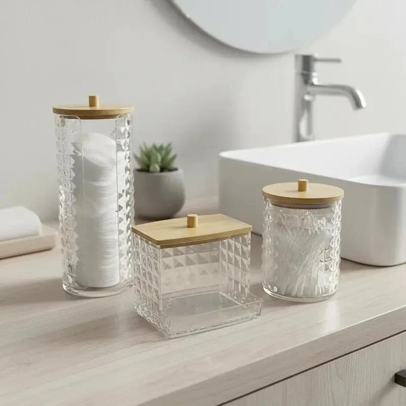 ORGANIZADOR DE BAÑO/MAQUILLAJE SETX3 PZ. ACRILICO TRANSPARENTE/TAPA BAMBOO 