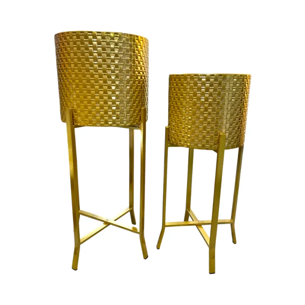 SET DE PORTA MACETAS METALICO DORADO 30X30X78CM Y 27X27X68CM