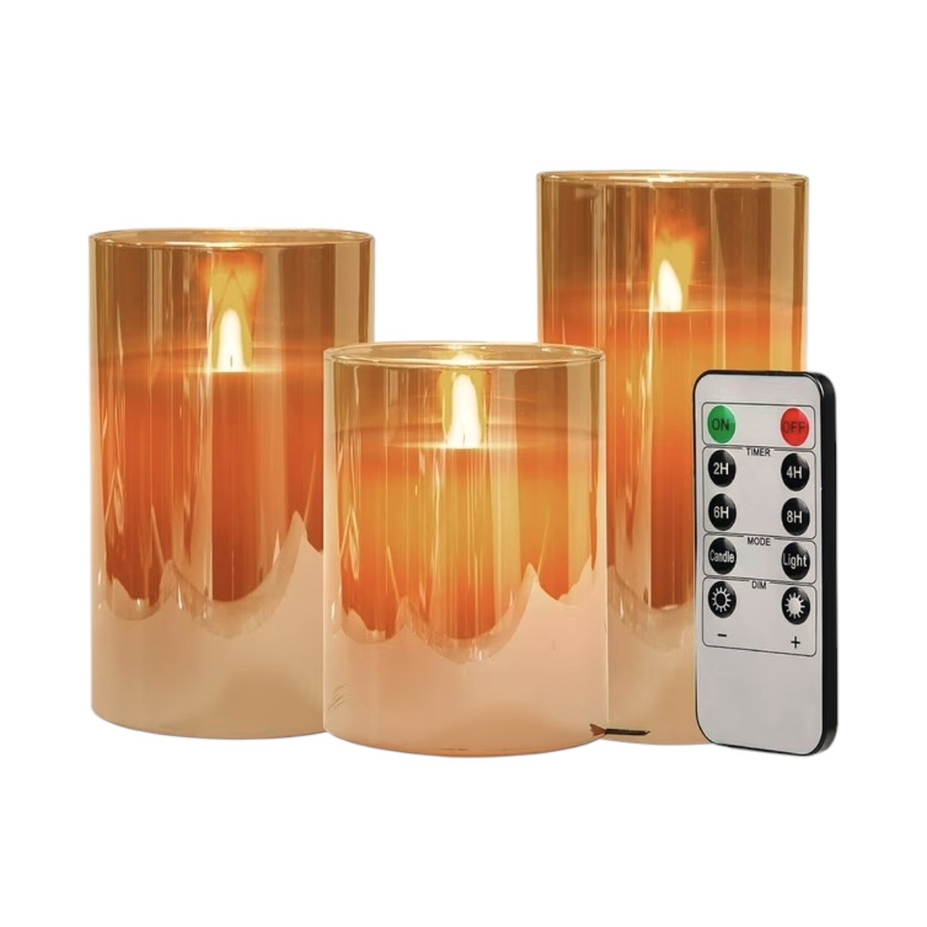 SET DE 3 VELAS LED AMBAR CANDELABRO, A PILAS 3A"X3 C/U, 10,13,15CM Ø:8CM C/U - A CONTROL REMOTO