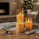 SET DE 3 VELAS LED CON CANDELABRO, A PILAS 3A"X3 C/U, CONTROL REMOTO 10-13-15CM DIAMETRO 8CM  C/U.
