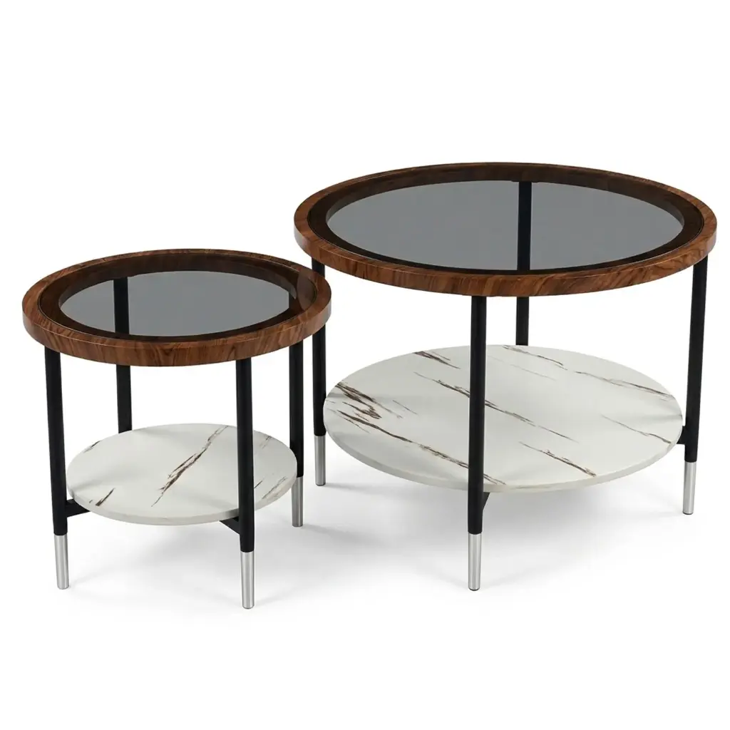 SET DE 2 MESAS DE CENTRO MADERA Y VIDRIO REF:HM1999/YM125 - G:70X70X54CM P:44X44X43CM